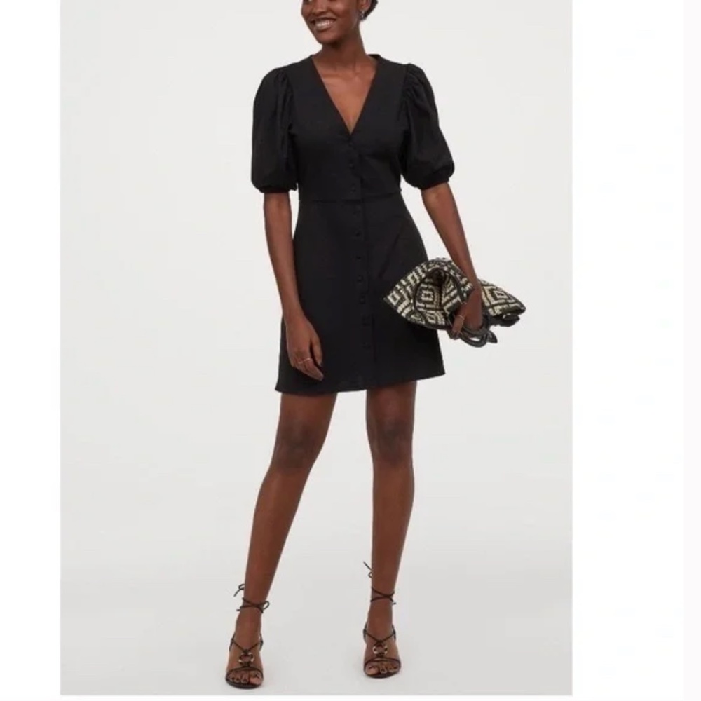 NWT H&M Black Puff Sleeve Mini Dress with Button Down Front